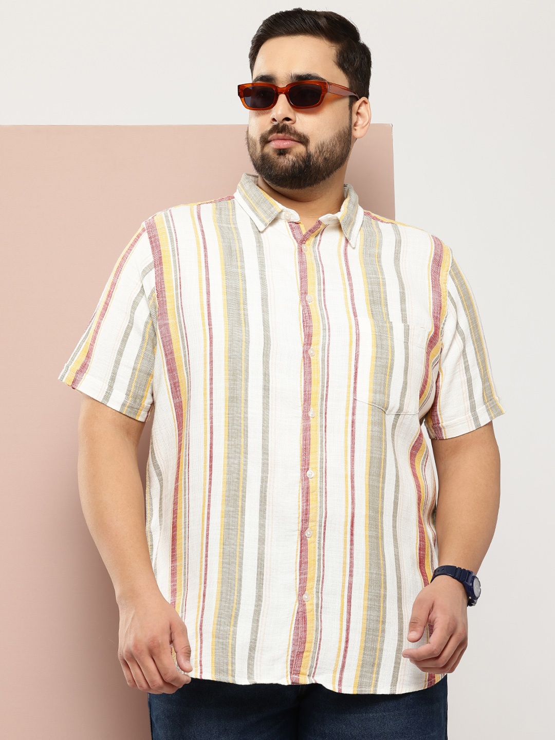

Sztori Men Plus Size Striped Casual Shirt, White