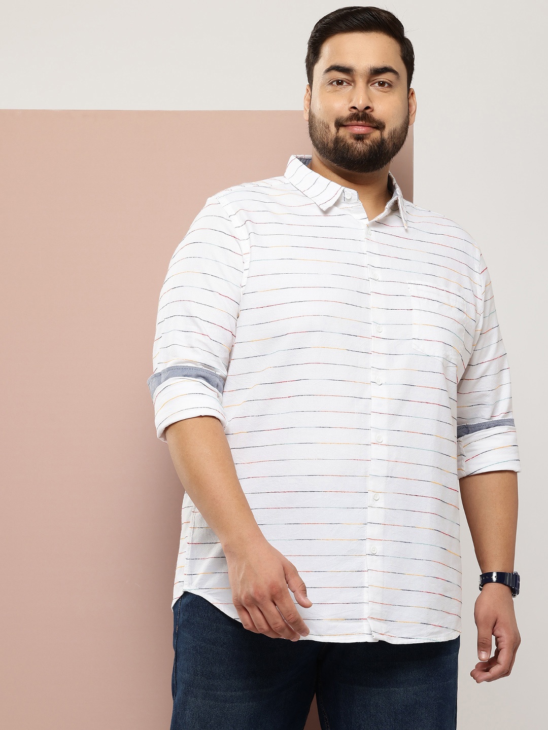 

Sztori Men Plus Size Horizontal Striped Casual Shirt, White