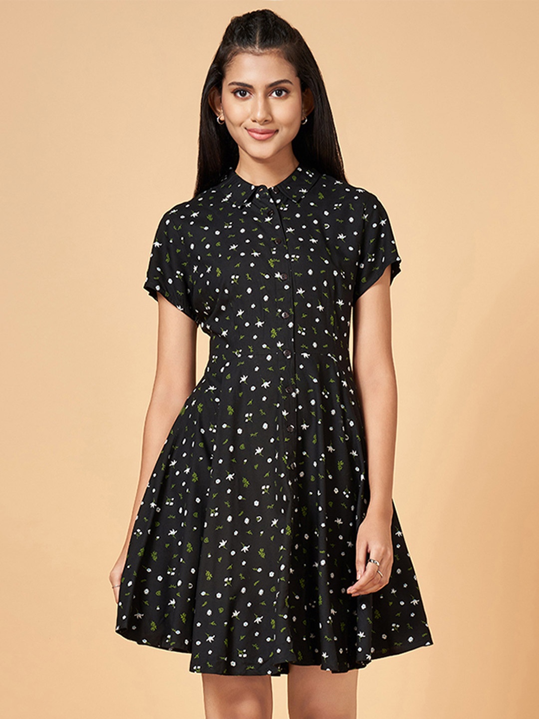 

People Polka Women Dot Print Fit & Flare Dress, Black