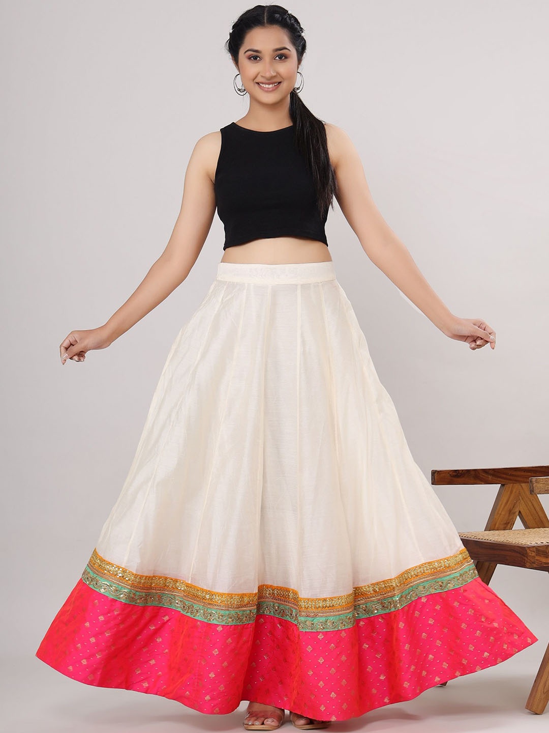 

VASVI Women Ethnic Solid Embellished Flared Maxi Skirts, White