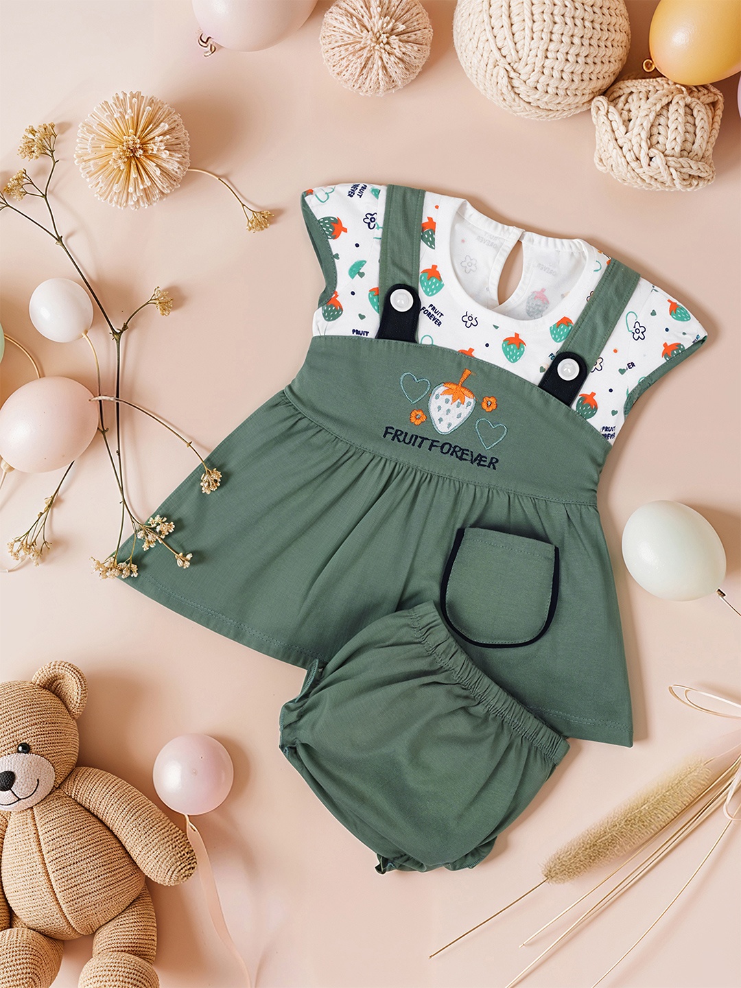 

FEBVIBE Girls Conversational Printed Fit & Flare Dress, Green