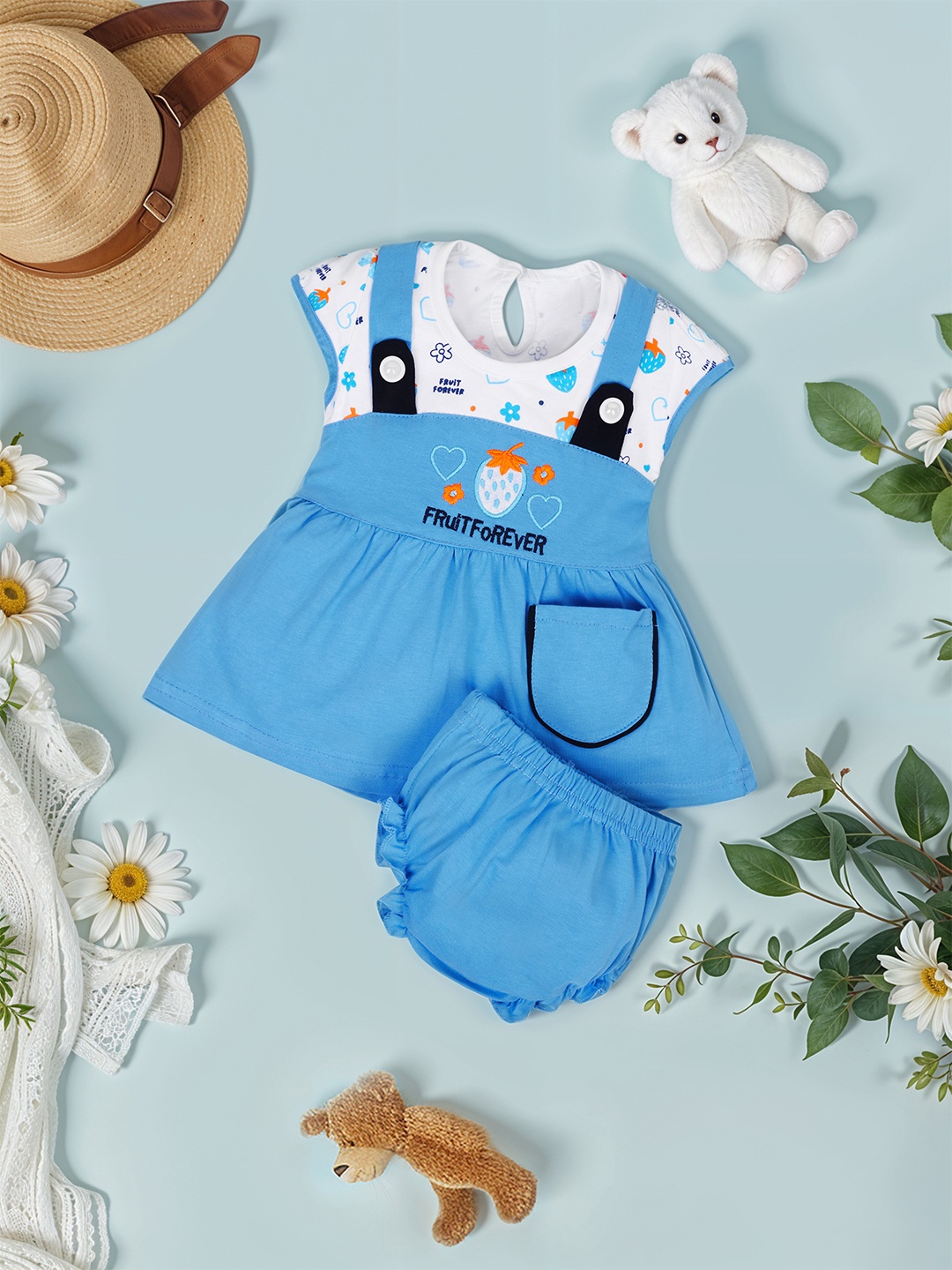 

FEBVIBE Girls Printed Cotton Pinafore Dress With Brief, Blue