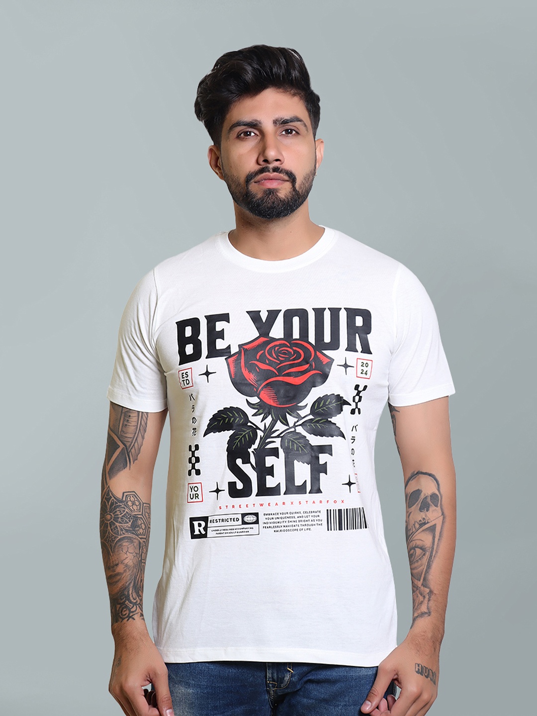 

STARFOX Men Graphic Printed Round Neck Cotton Slim Fit T-shirt, White