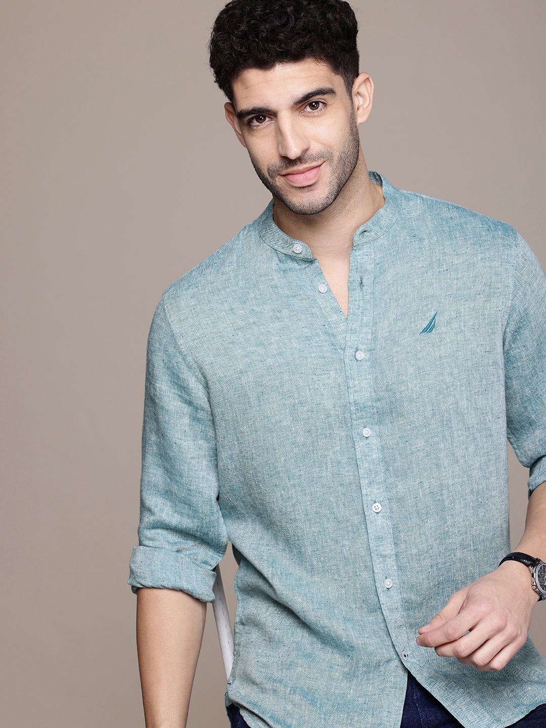 

Nautica Smart Slim Fit Solid Premium Casual Linen Shirt, Green