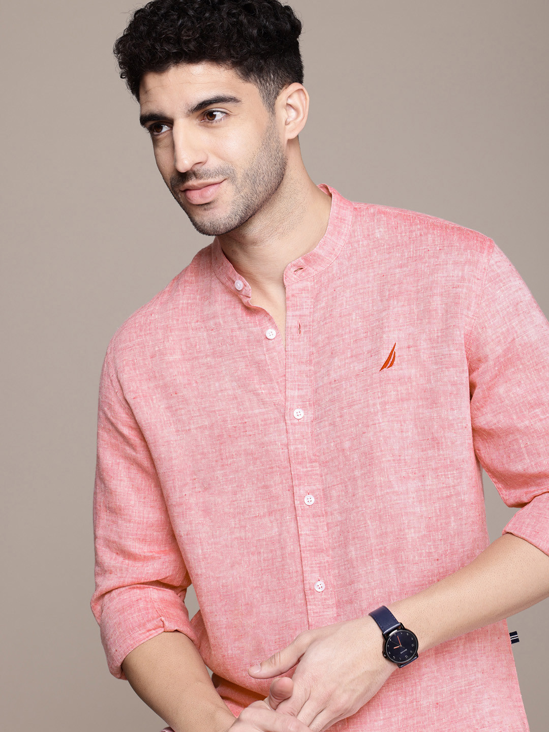 

Nautica Smart Slim Fit Solid Premium Casual Linen Shirt, Red