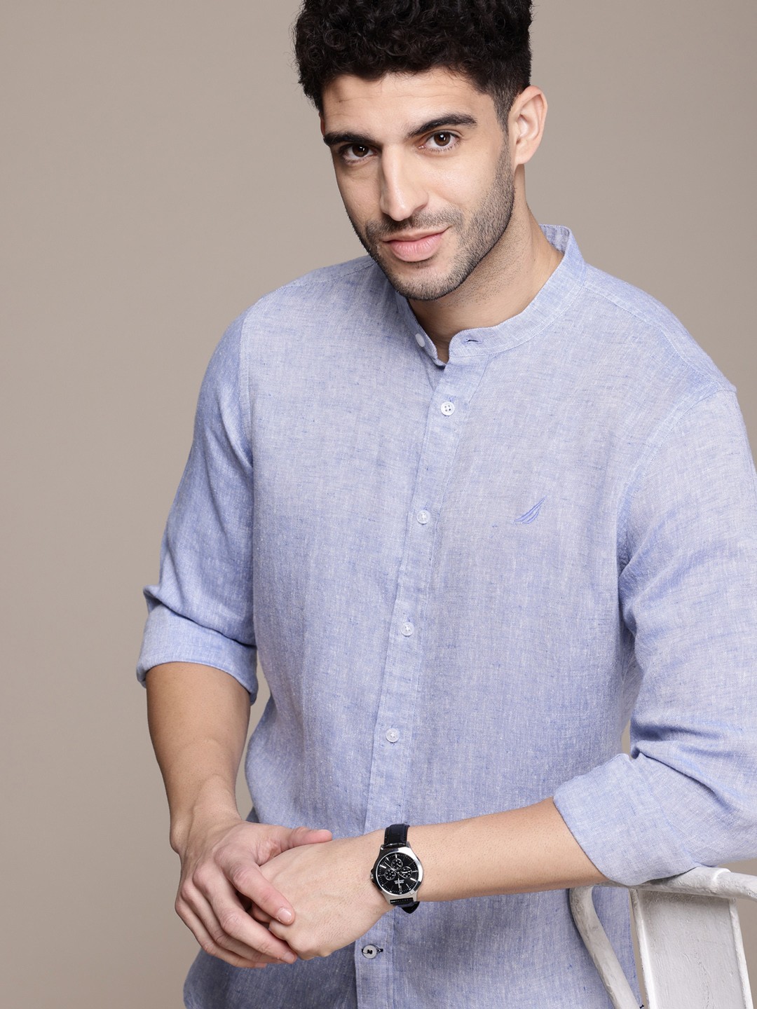

Nautica Slim Fit Solid Premium Casual Linen Shirt, Navy blue