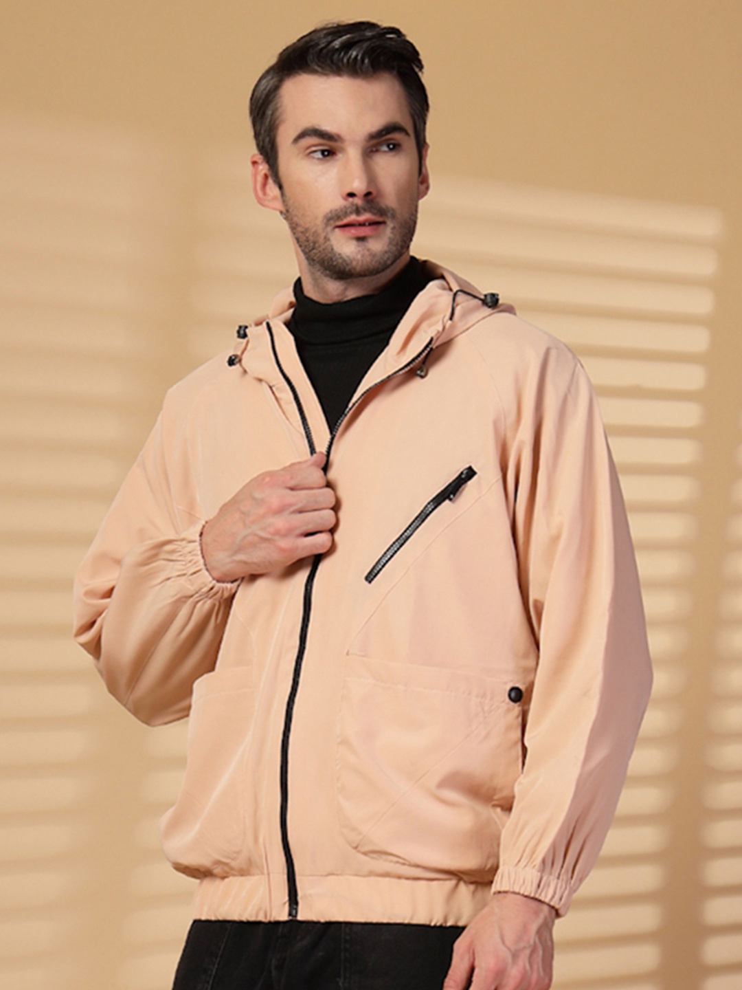 

CHKOKKO Men Hooded Running Sporty Windcheater Jacket, Peach