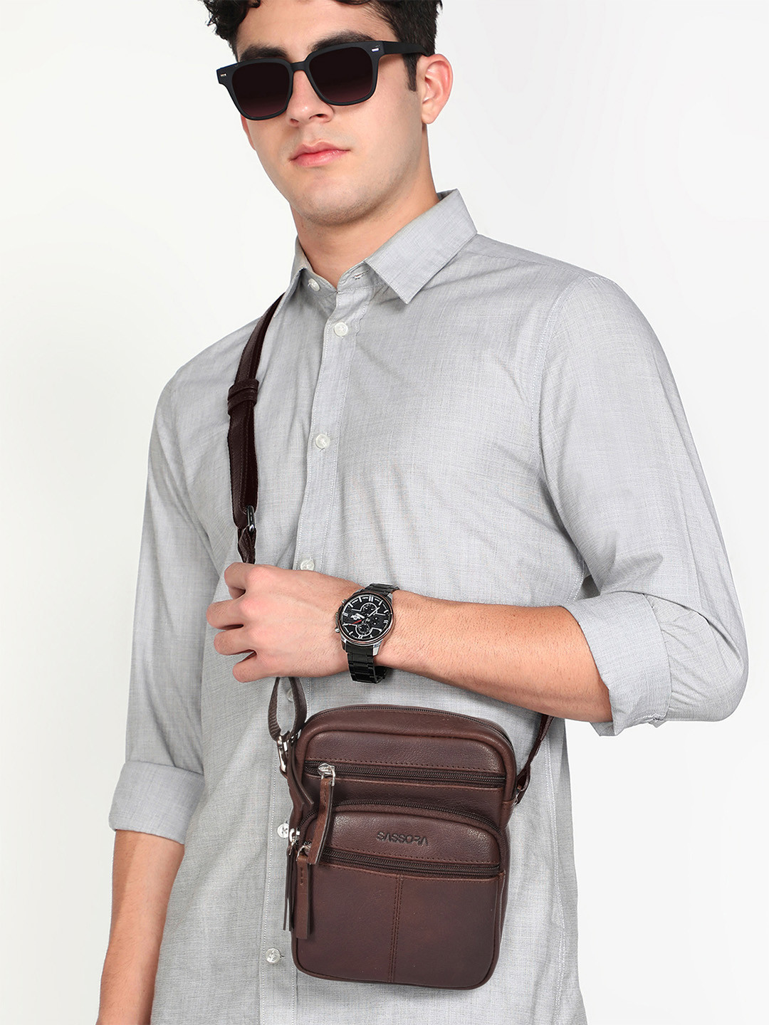 

Sassora Leather Sling Bag, Coffee brown