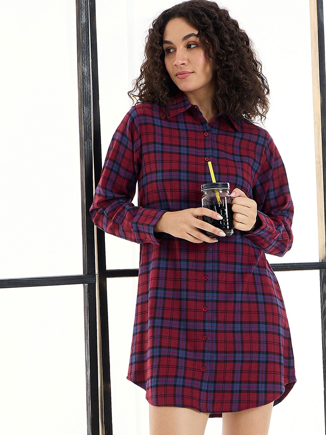 

SASSAFRAS aChecked Pure Cotton Shirt Nightdress, Maroon
