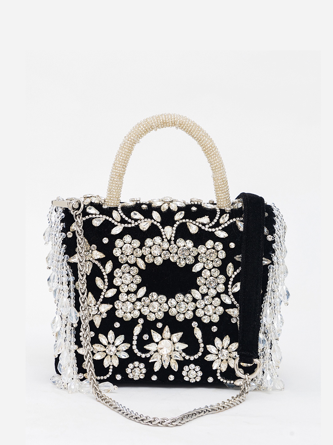 

EENA Embroidered Foldover Shoulder Strap Velvet Clutch, Black