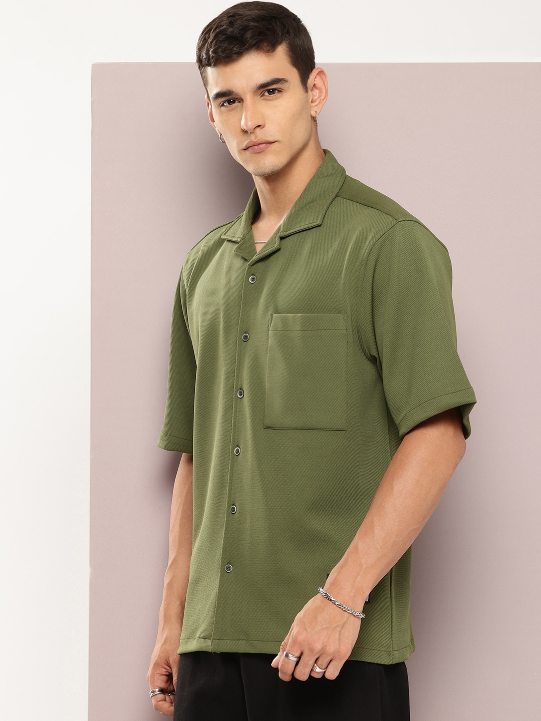 

Kook N Keech Cuban Collar Relaxed Fit Premium Casual Shirt, Olive