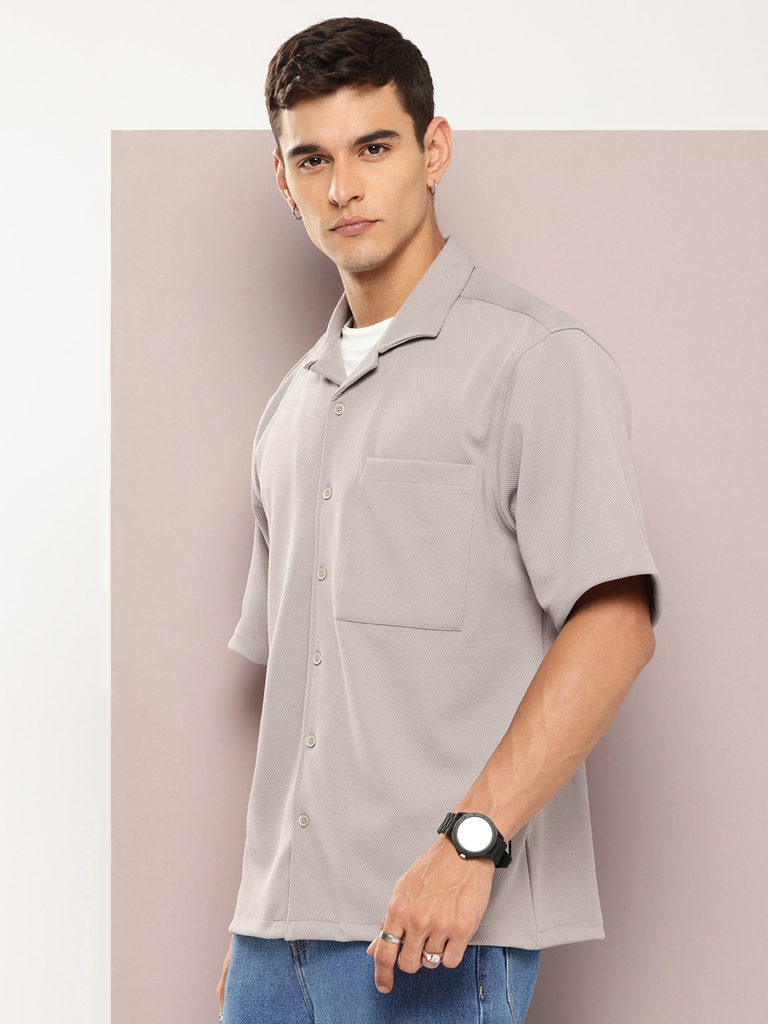 

Kook N Keech Men Self Design Cuban Collar Relaxed Fit Premium Casual Shirt, Grey