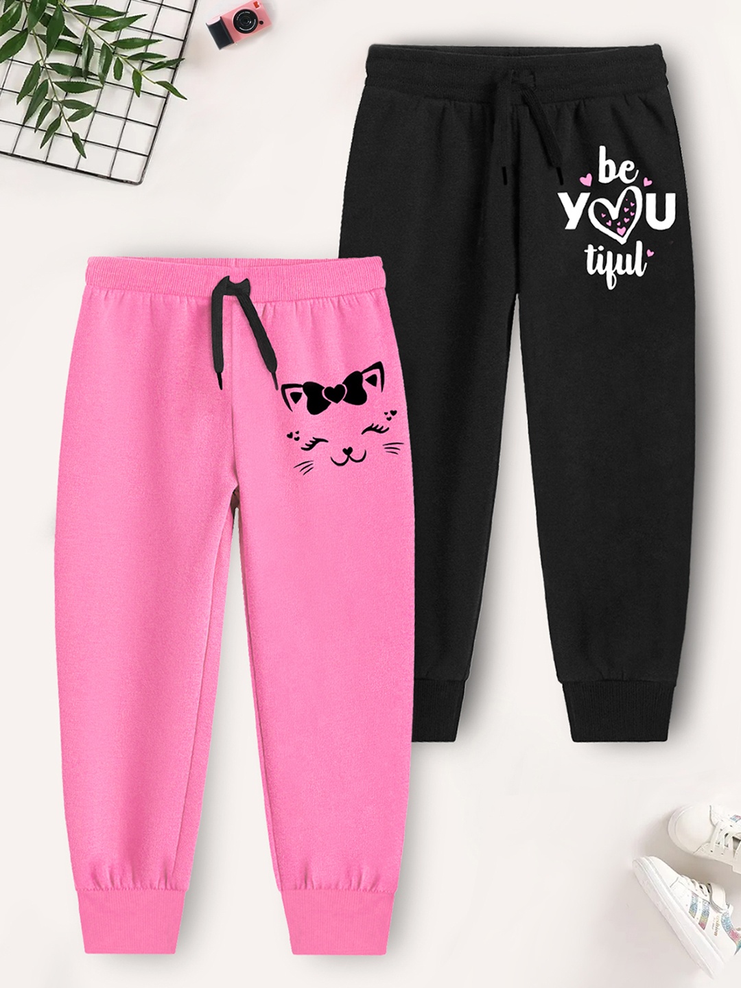 

YK X Trampoline Girls Pack Of 2 Graphic Printed Regular Fit Cotton Joggers, Pink