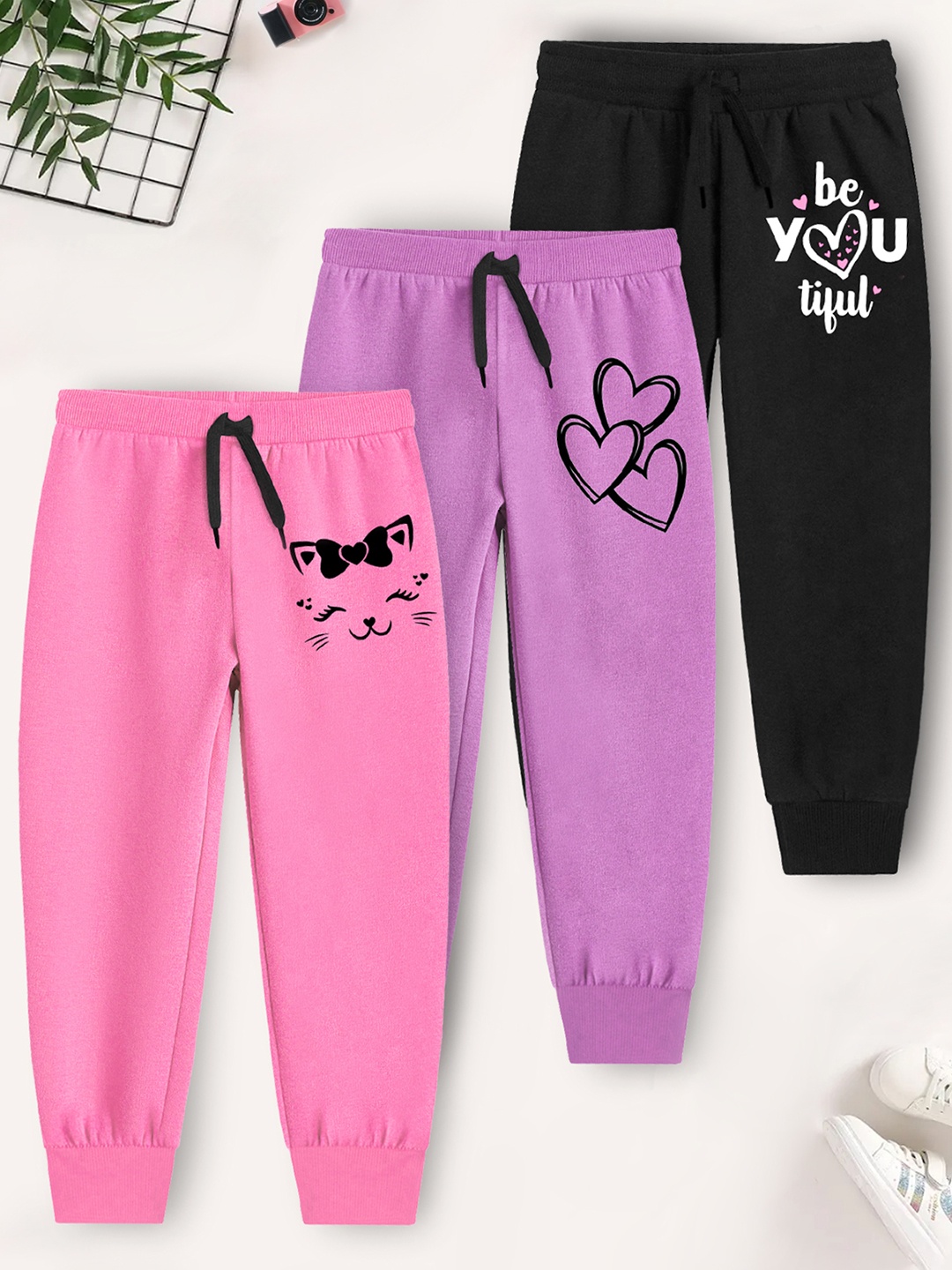 

YK X Trampoline Girls Pack Of 3 Graphic Printed Cotton Mid Rise Joggers, Pink