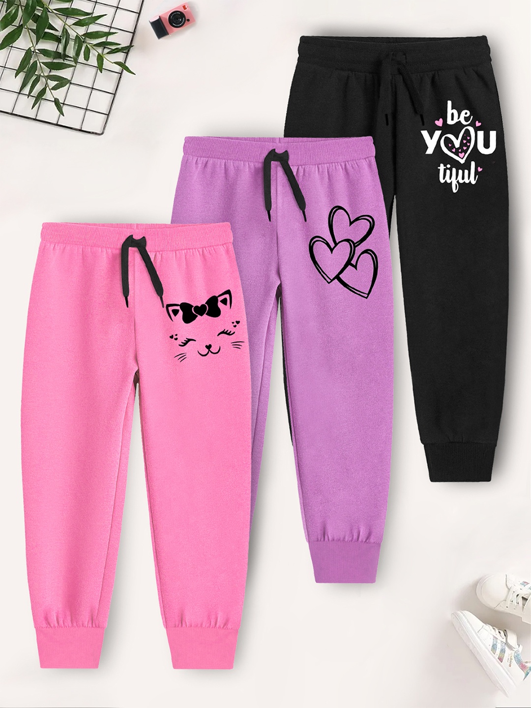 

YK X Trampoline Girls Pack Of 3 Graphic Printed Cotton Joggers, Pink