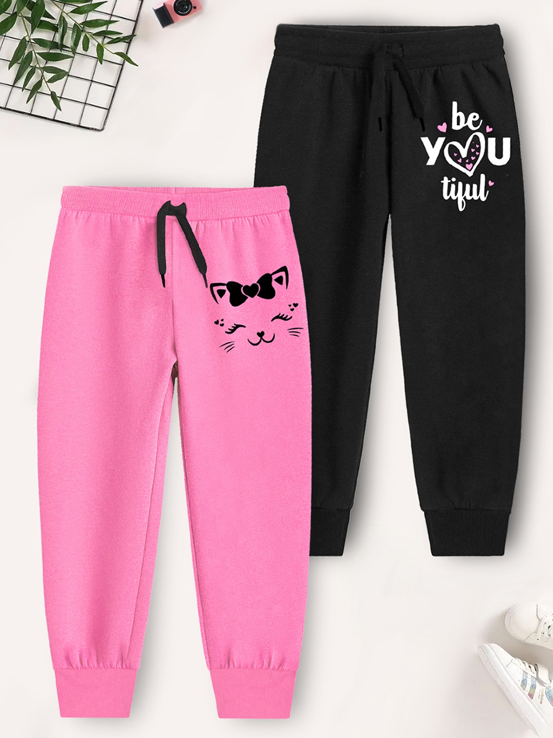 

YK X Trampoline Girls Pack Of 2 Graphic Printed Cotton Joggers, Pink