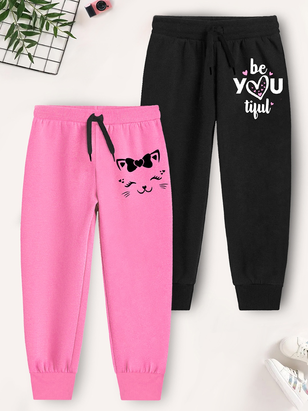 

YK X Trampoline Girls Pack Of 2 Graphic Printed Cotton Joggers, Pink