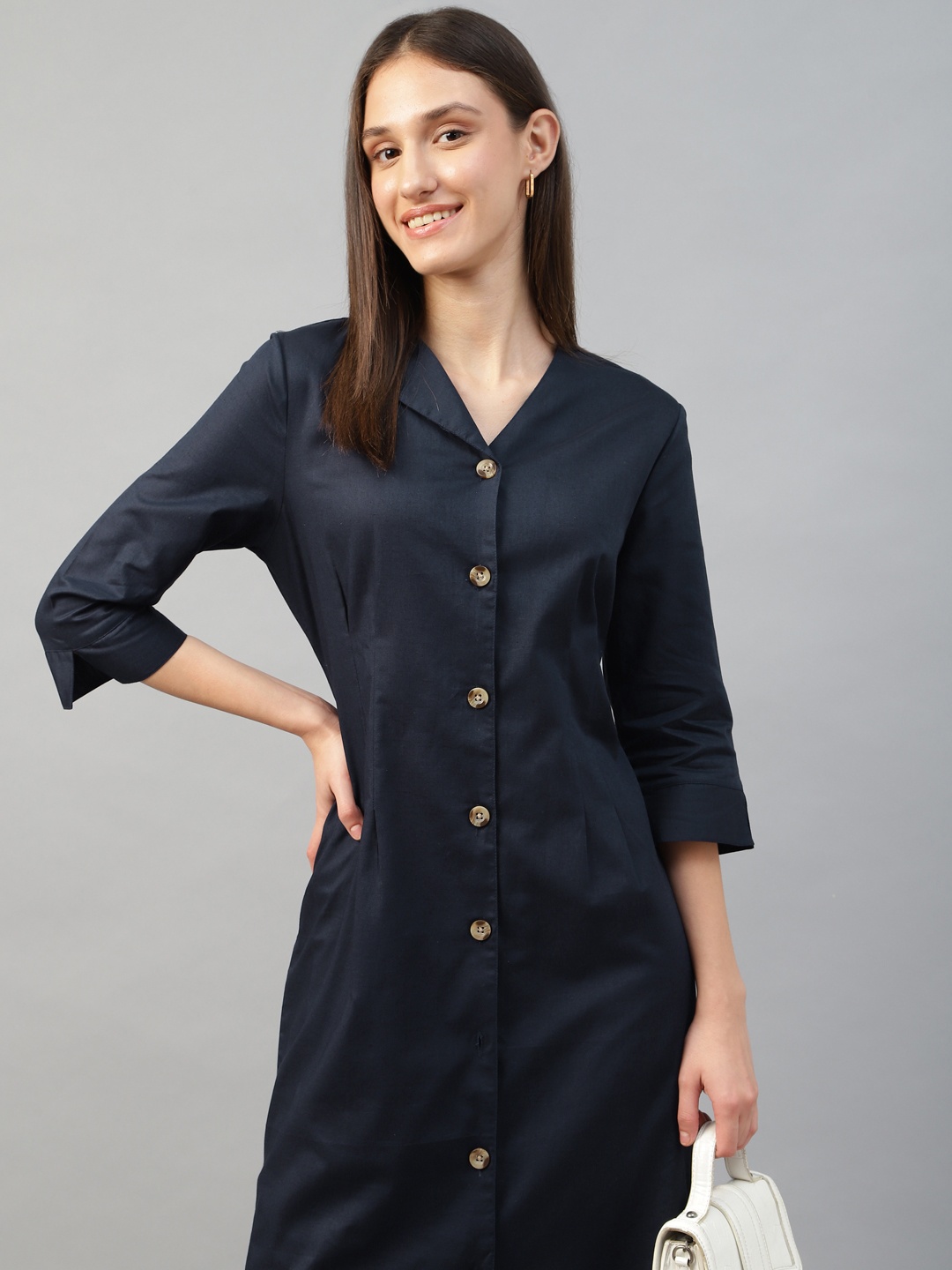 

Hancock Women Solid Linen Three-Quarter Sleeves Formal Knee Length Shirt Dress, Navy blue