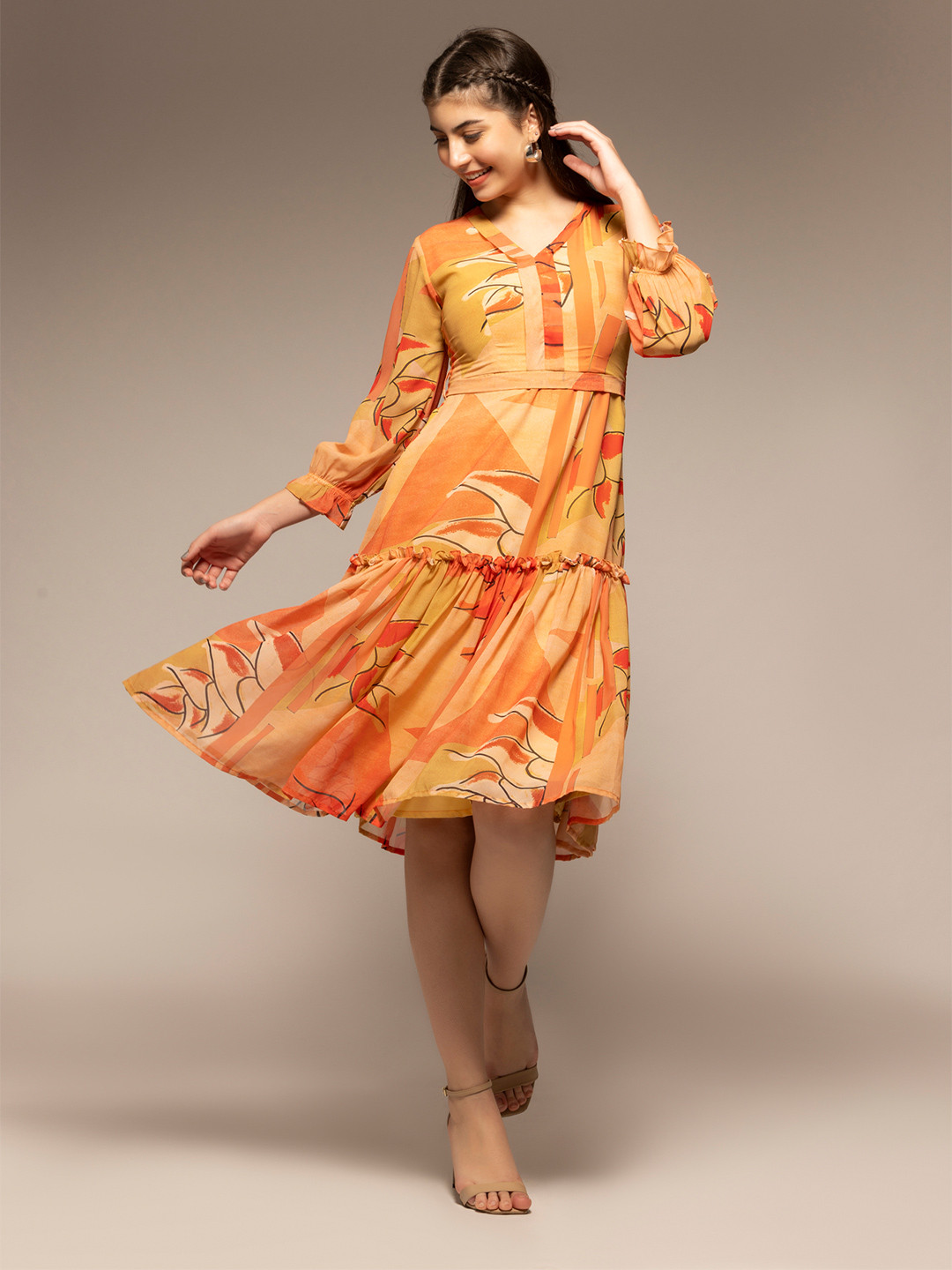

OCTICS Women Abstract Printed Puff Sleeve Fit & Flare Dress, Orange