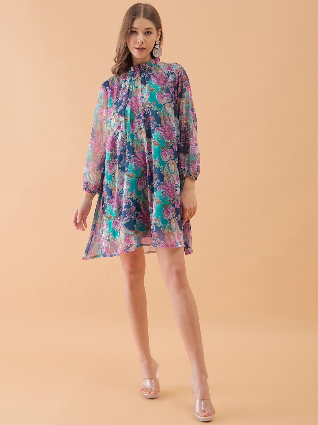 

OCTICS Floral Printed Bell Sleeve Georgette A-Line Dress, Blue