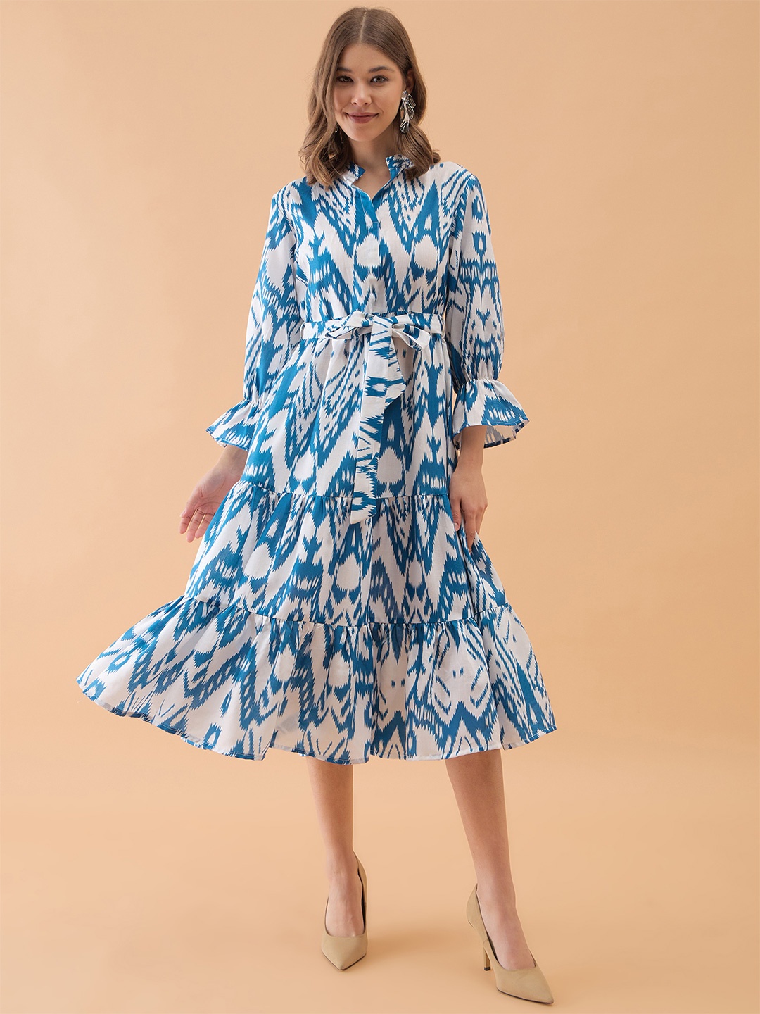 

OCTICS Abstract Printed Bell Sleeve A-Line Cotton Dress, Blue