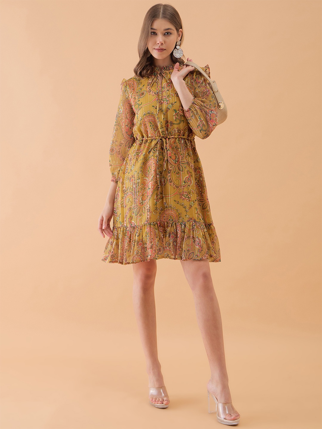 

OCTICS Women Tie-Up Neck Fit & Flare Dress, Mustard