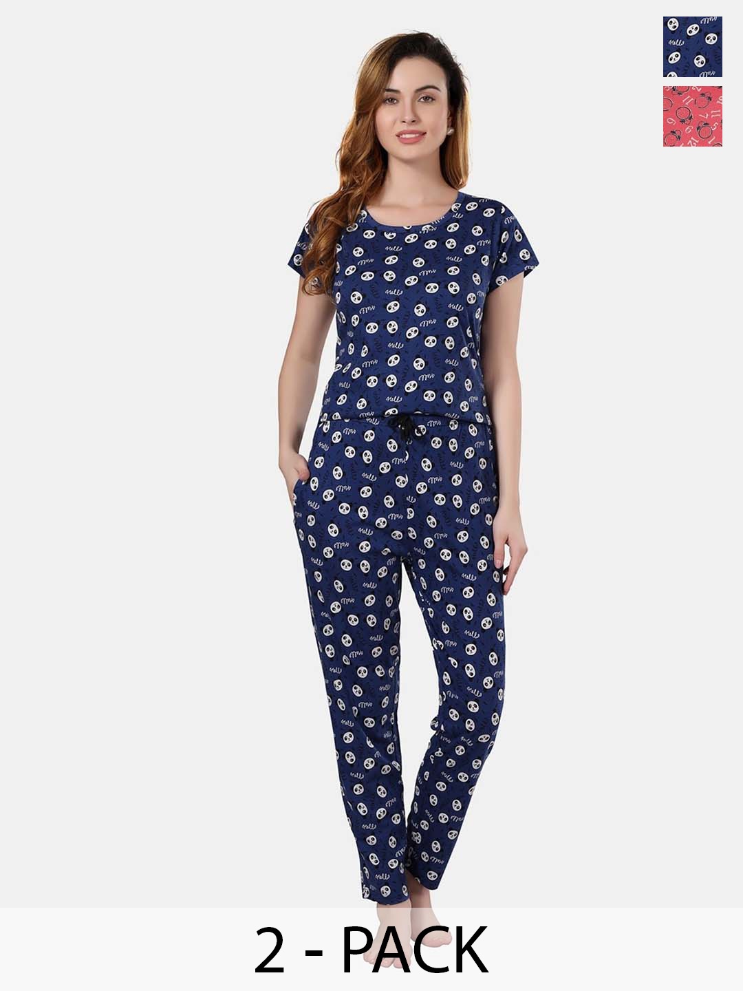 

Fabme Women Pack of 2 Printed Pure Cotton Night suit, Red