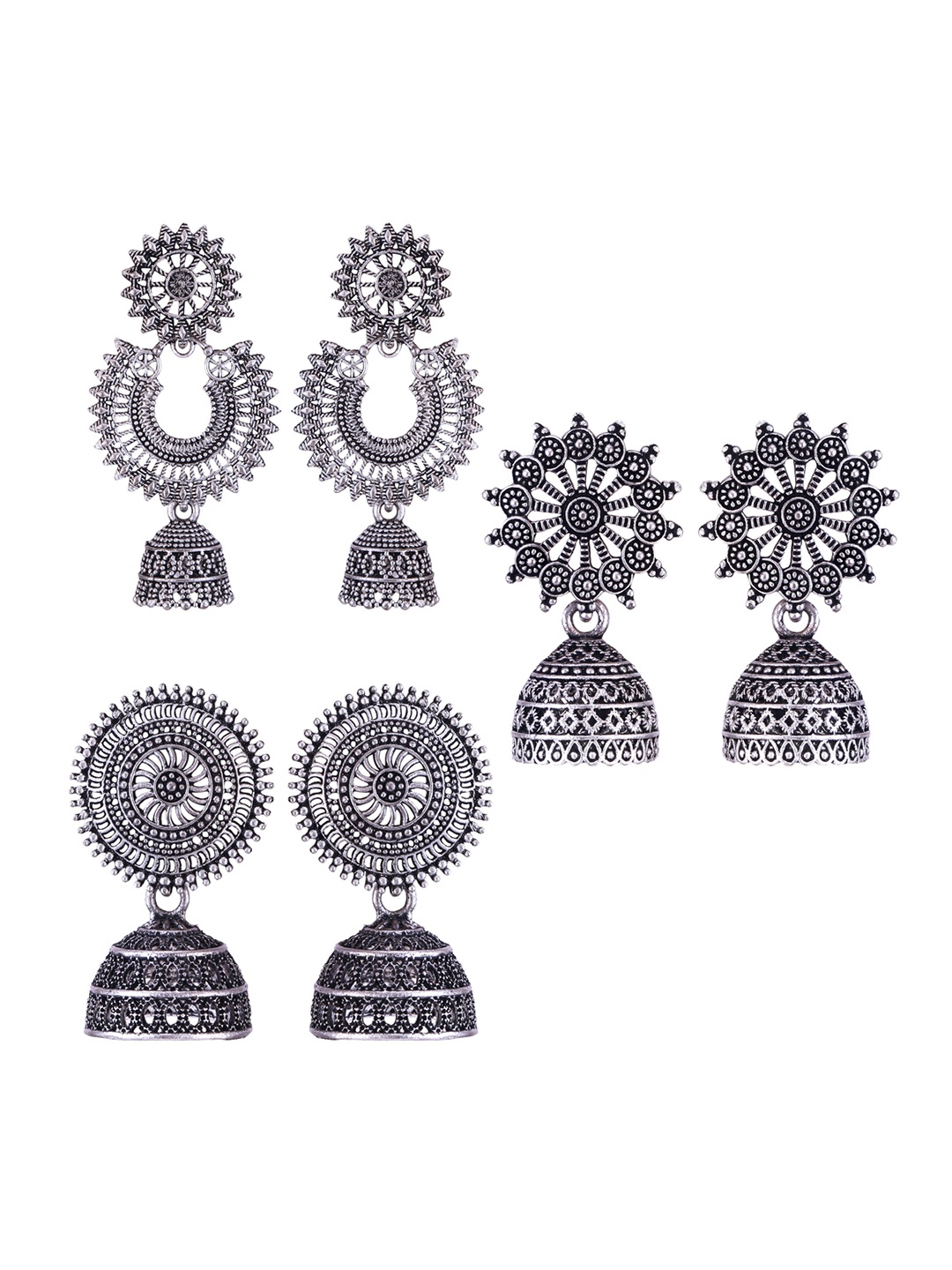 

DIVASTRI Set Of 3 Silver-Plated Oxidised Dome Shaped Jhumkas