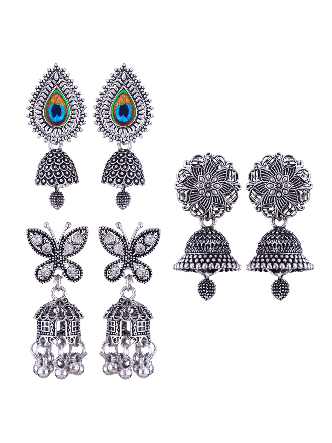 

DIVASTRI Set Of 3 Silver Plated Contemporary Oxidised Jhumkas