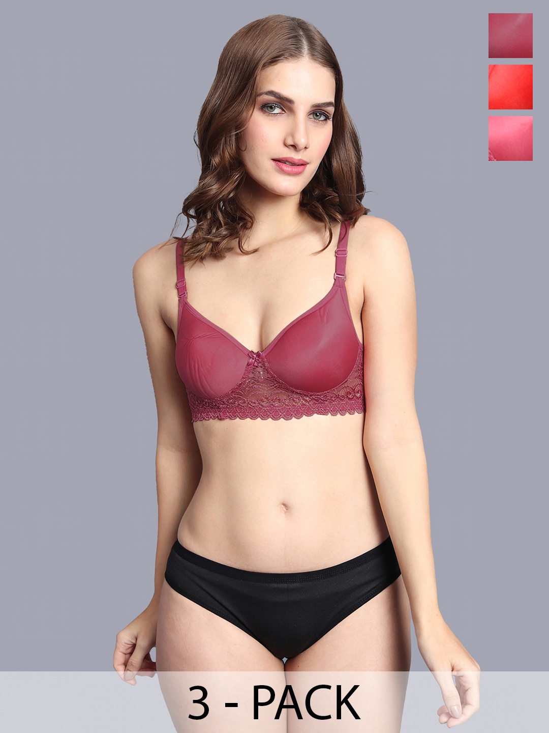 

AROUSY Pack Of 3 Lingerie Set, Red
