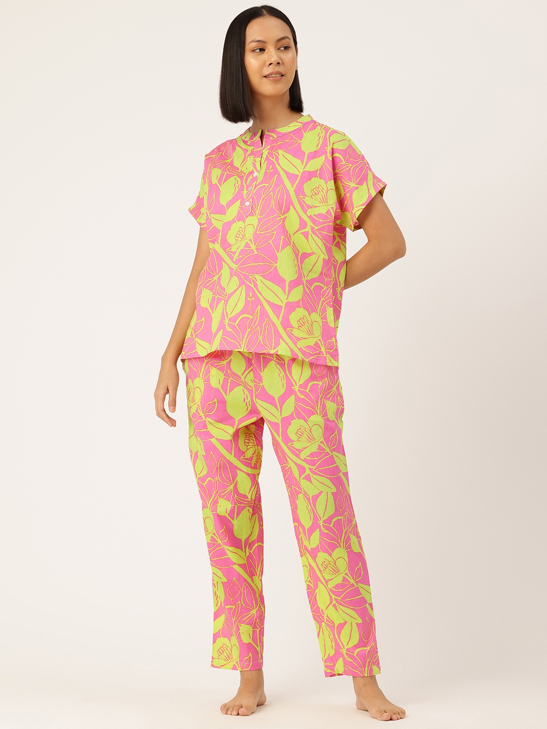 

ETC Floral Printed Pure Cotton Night Suit, Lime green