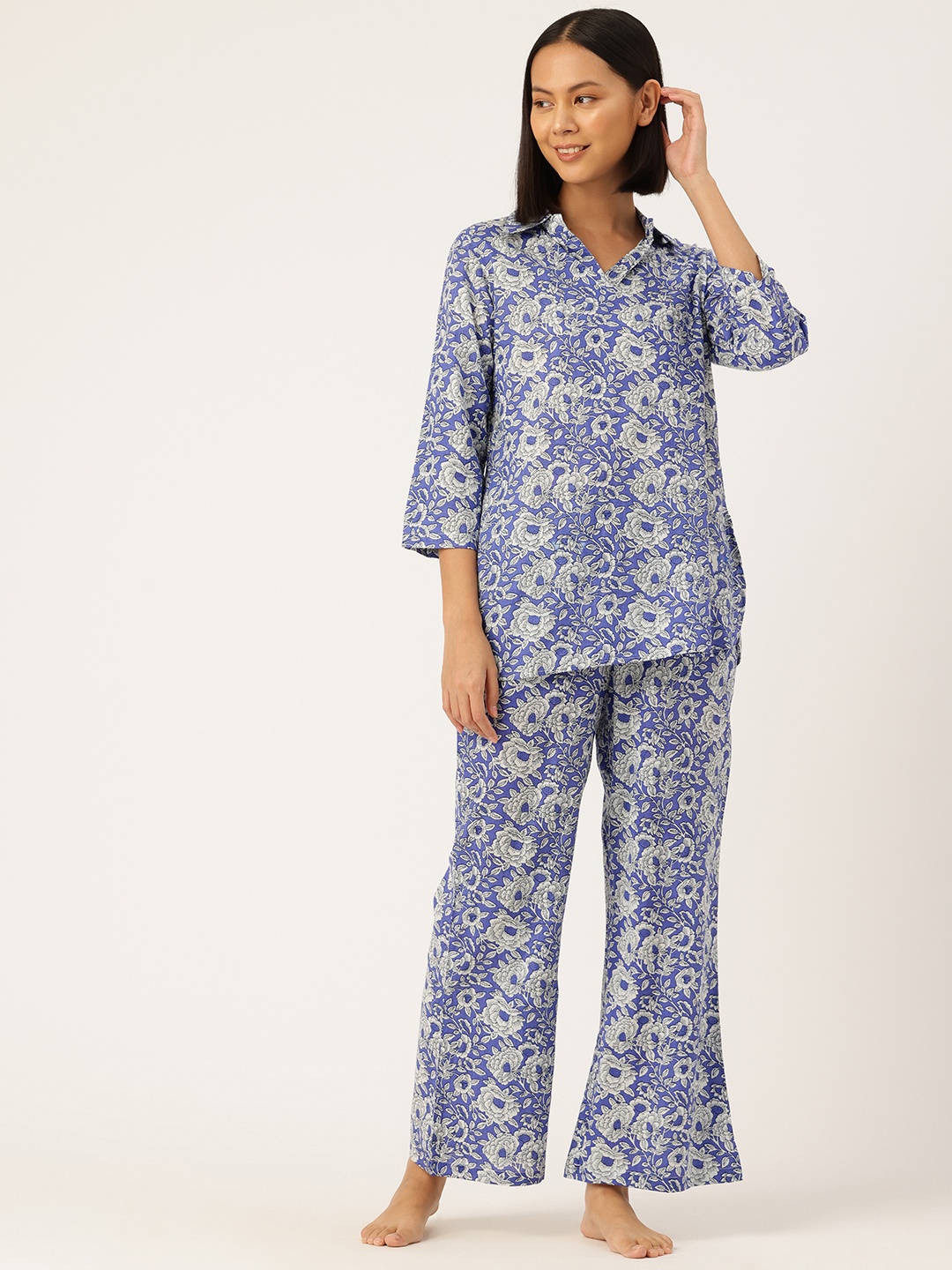 

ETC Floral Printed Pure Cotton Night Suit, Blue