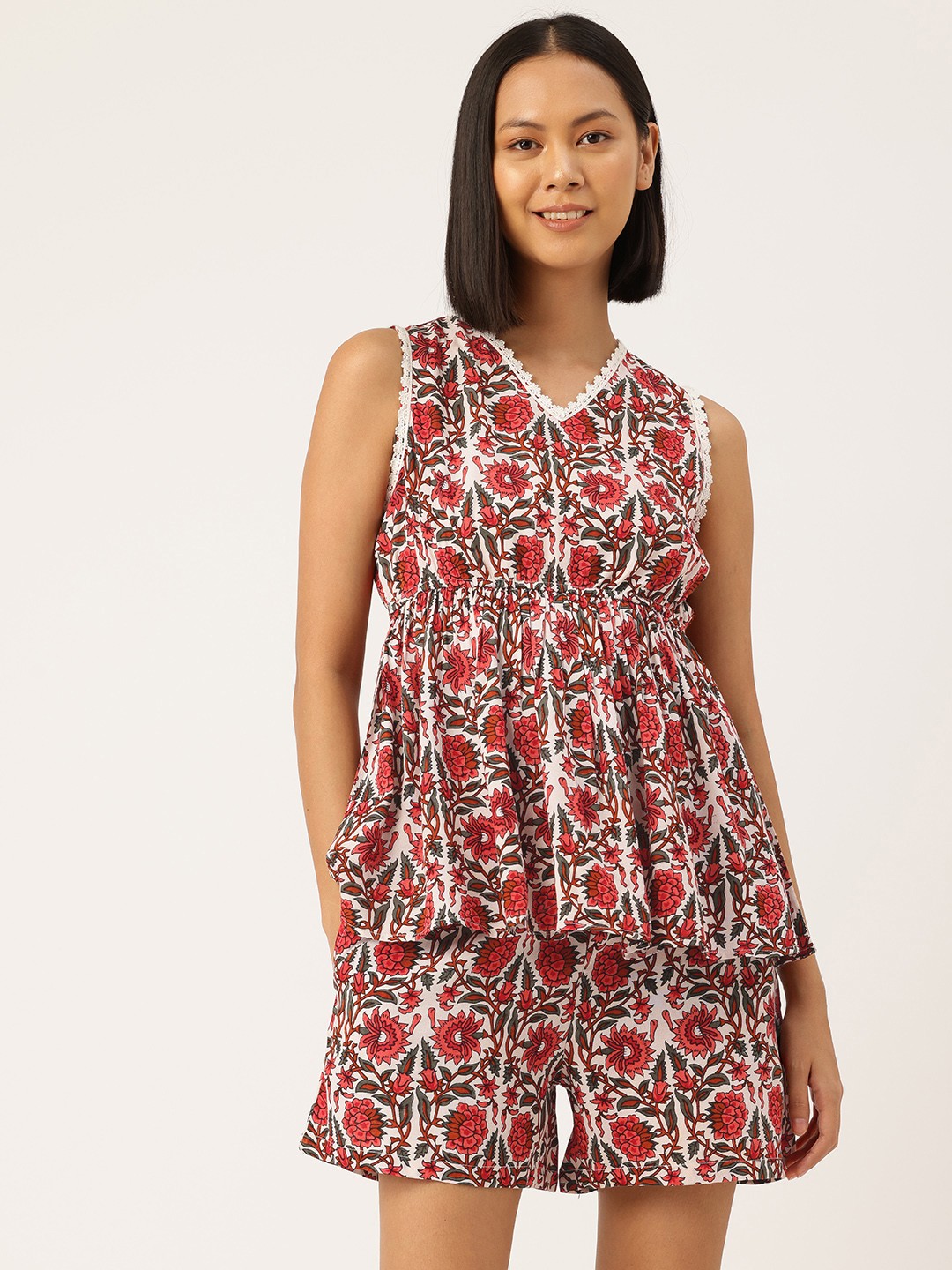

ETC Floral Printed Night Suit, Red