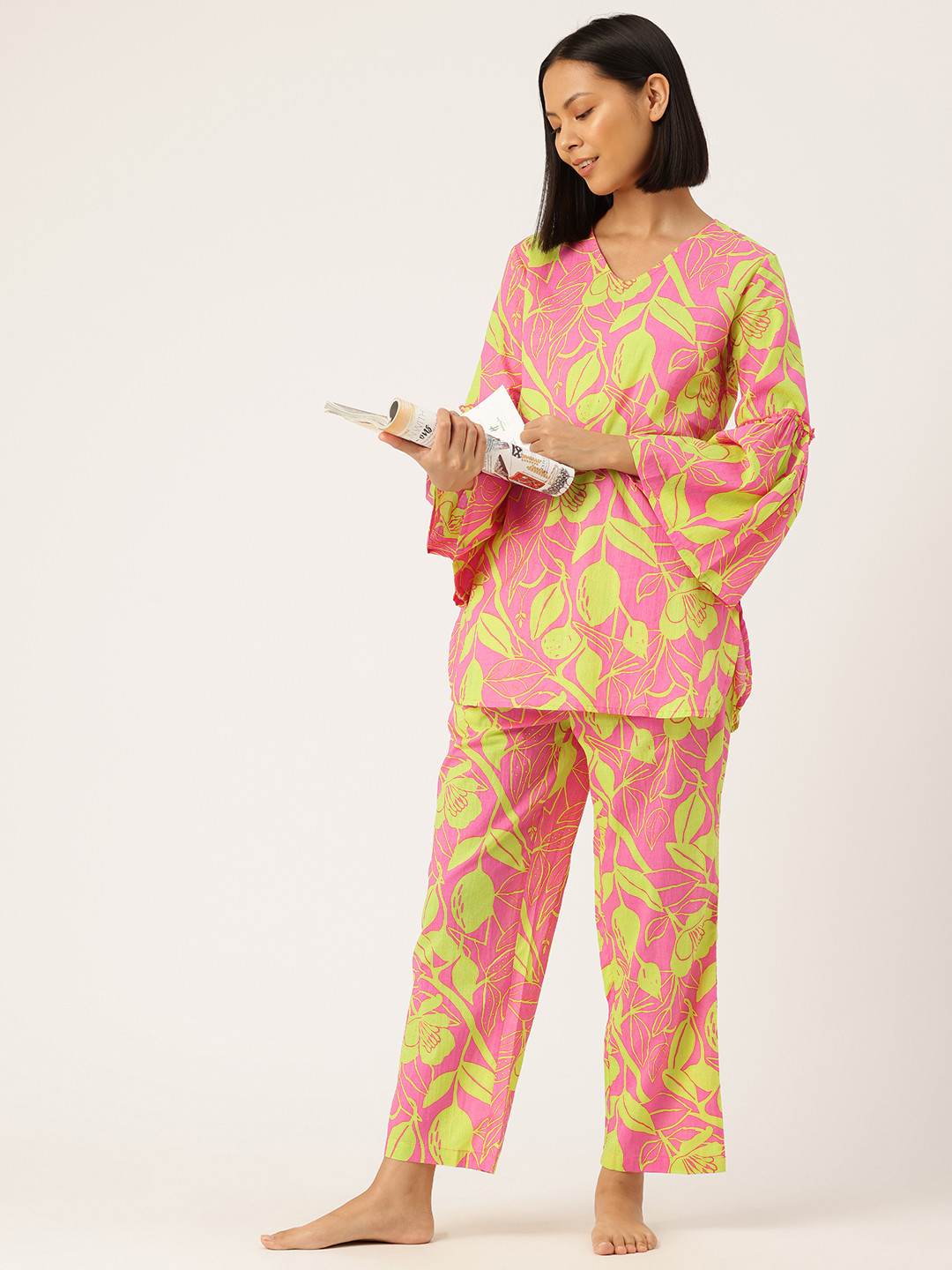 

ETC Floral Printed Pure Cotton Night Suit, Lime green