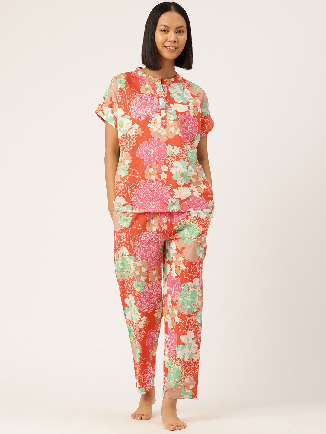 

ETC Floral Printed Pure Cotton Night Suit, Orange