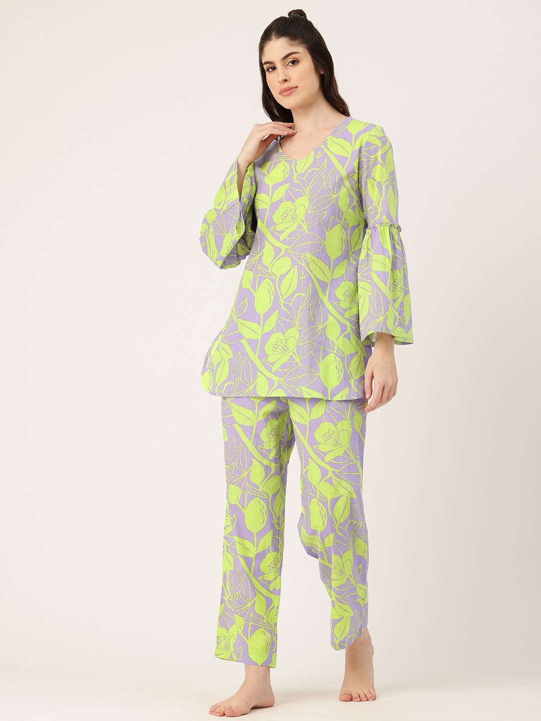 

ETC Floral Printed Pure Cotton Night Suit, Lime green