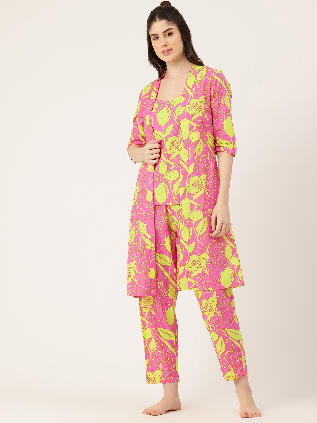 

ETC Floral Printed Pure Cotton Night Suit With Shrug, Pink