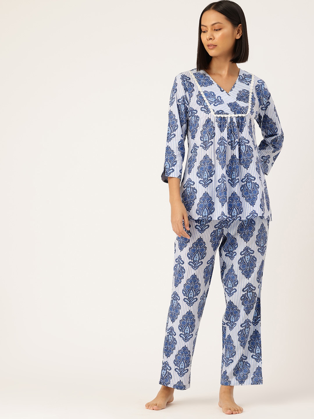 

ETC Ethnic Motifs Printed Pure Cotton Night Suit, Blue