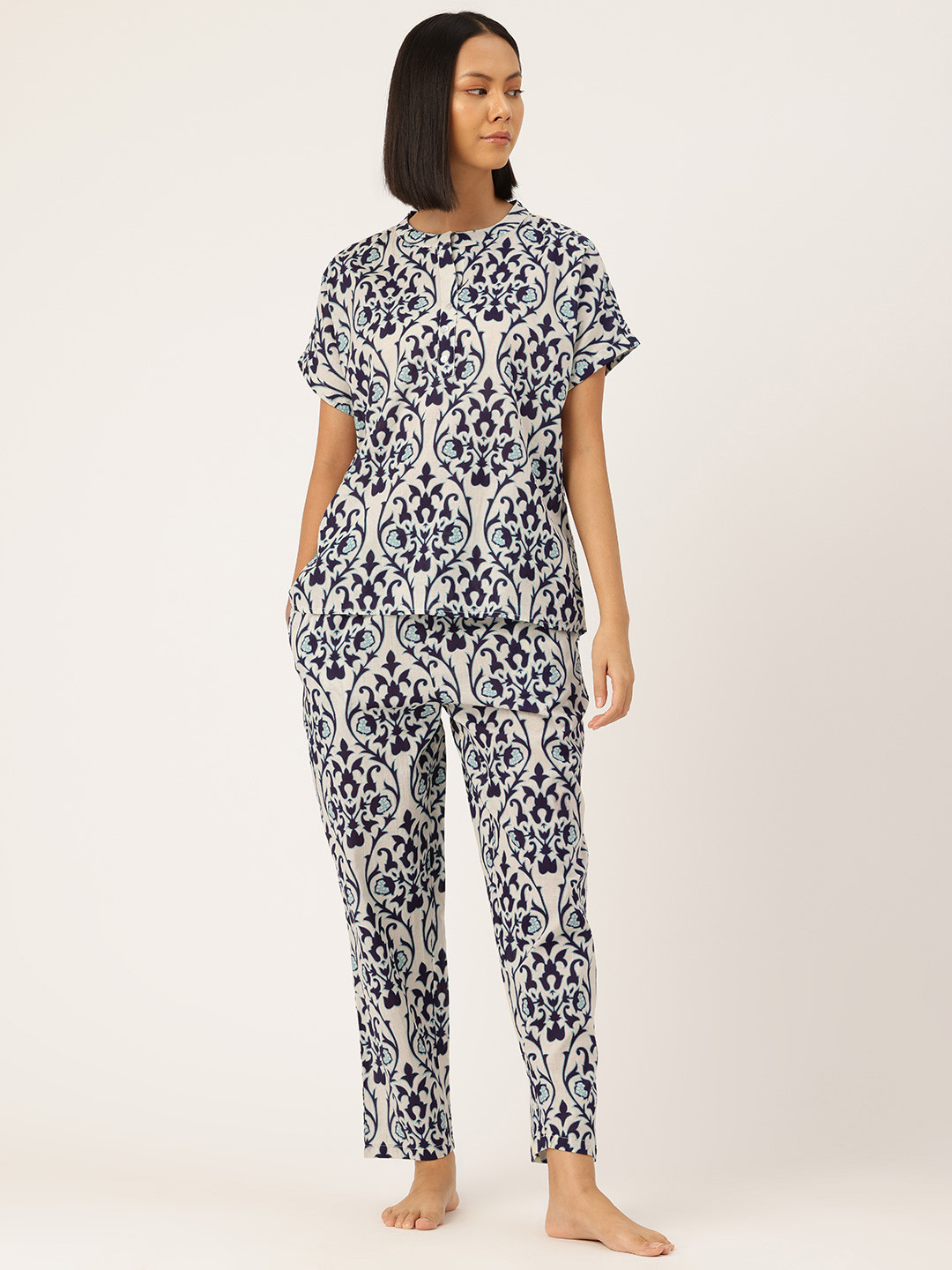 

ETC Ethnic Motifs Printed Pure Cotton Night Suit, White