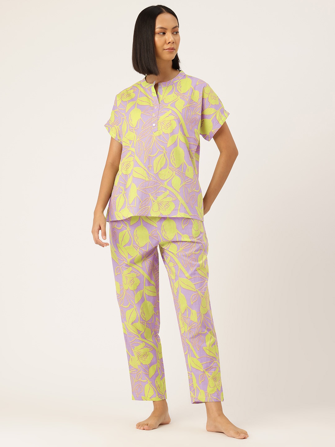 

ETC Floral Printed Pure Cotton Night Suit, Lime green