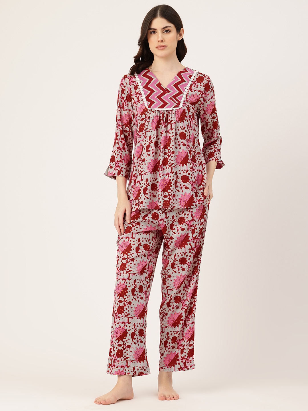 

ETC Batik Printed Night Suit, Burgundy