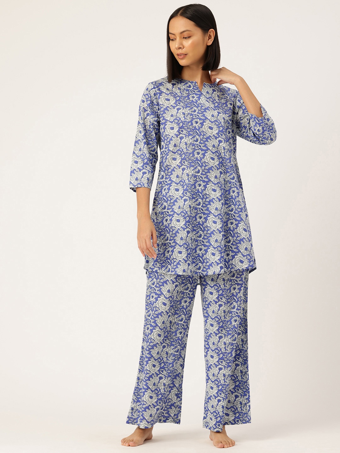 

ETC Floral Printed Pure Cotton Night Suit, Blue