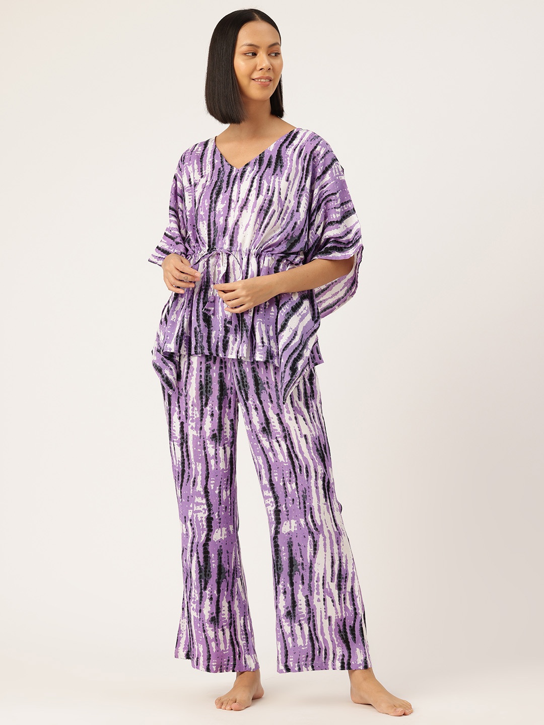 

ETC Tie and Dye Printed Kaftan Night suit, Lavender