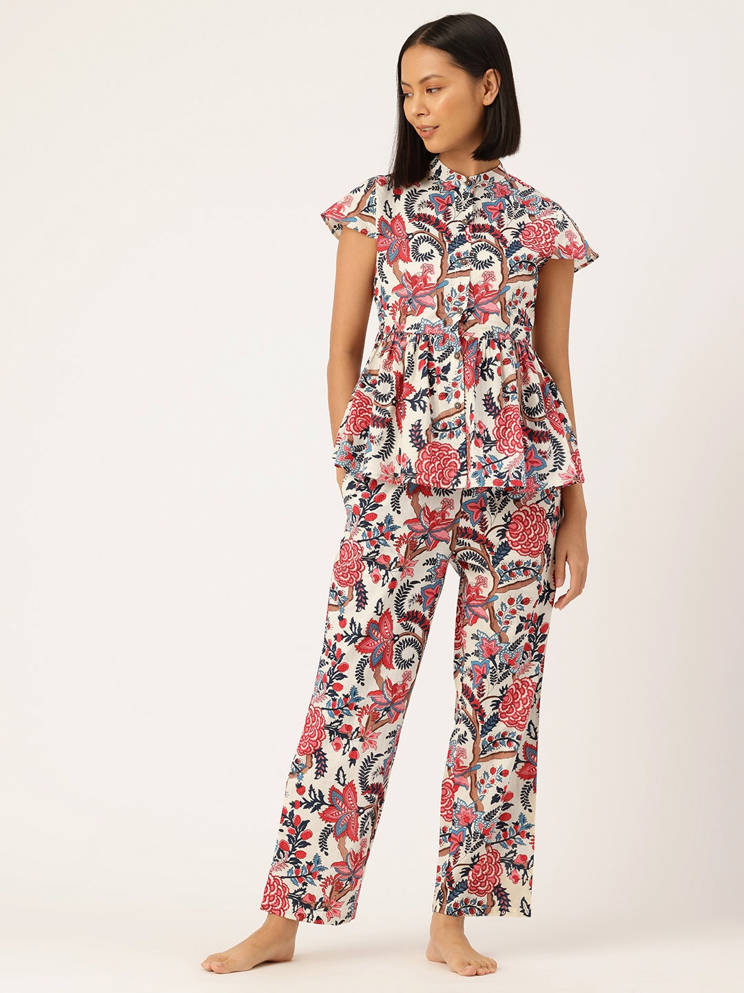 

ETC Floral Printed Night Suit, Cream