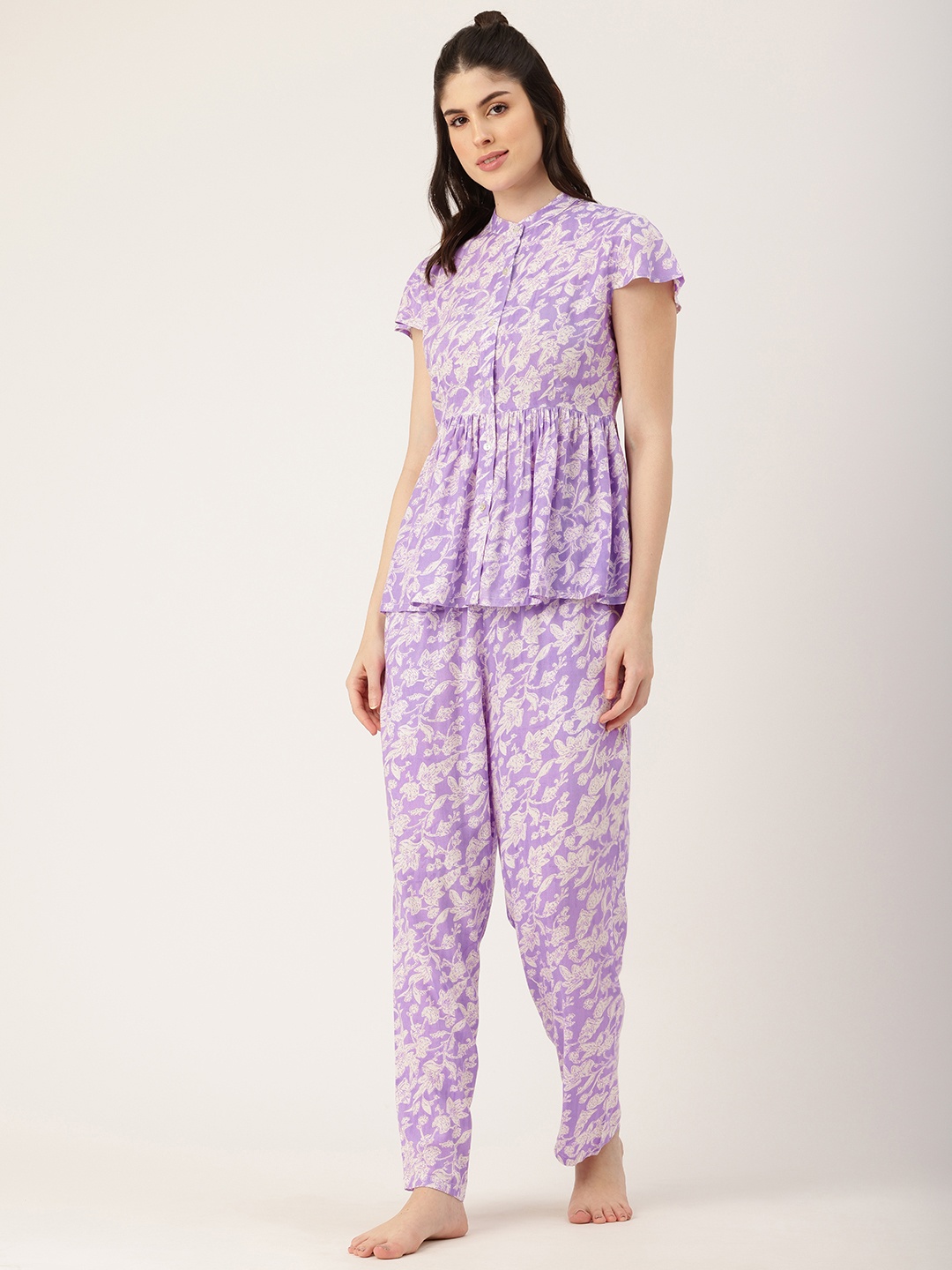 

ETC Floral Printed Peplum Style Night suit, Lavender