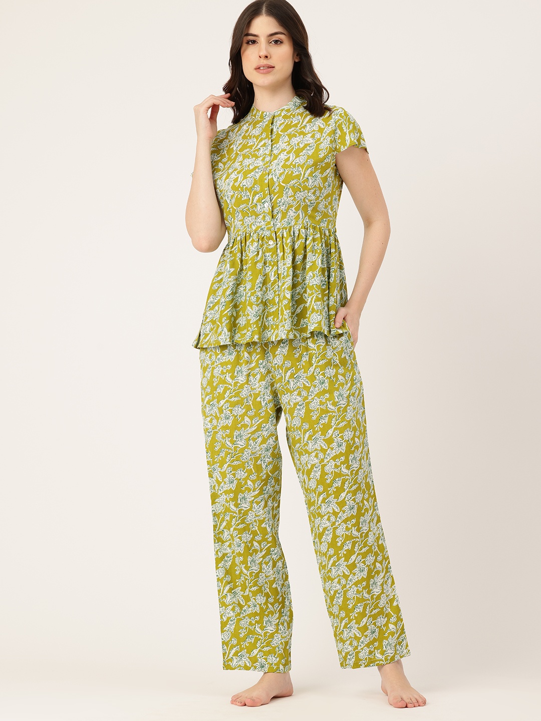 

ETC Floral Printed Peplum Style Night suit, Green