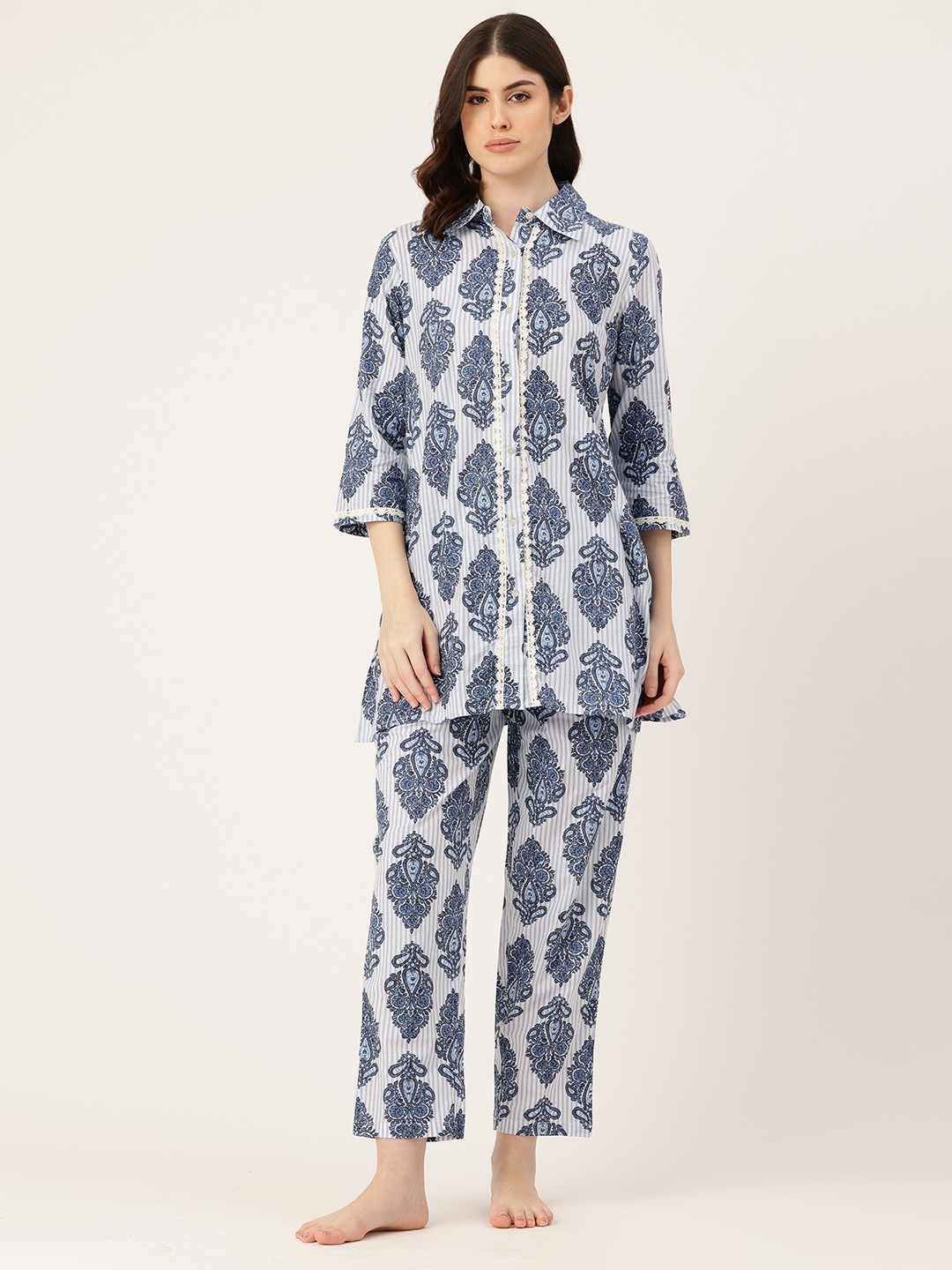 

ETC Ethnic Motif Printed Striped Night suit, Blue