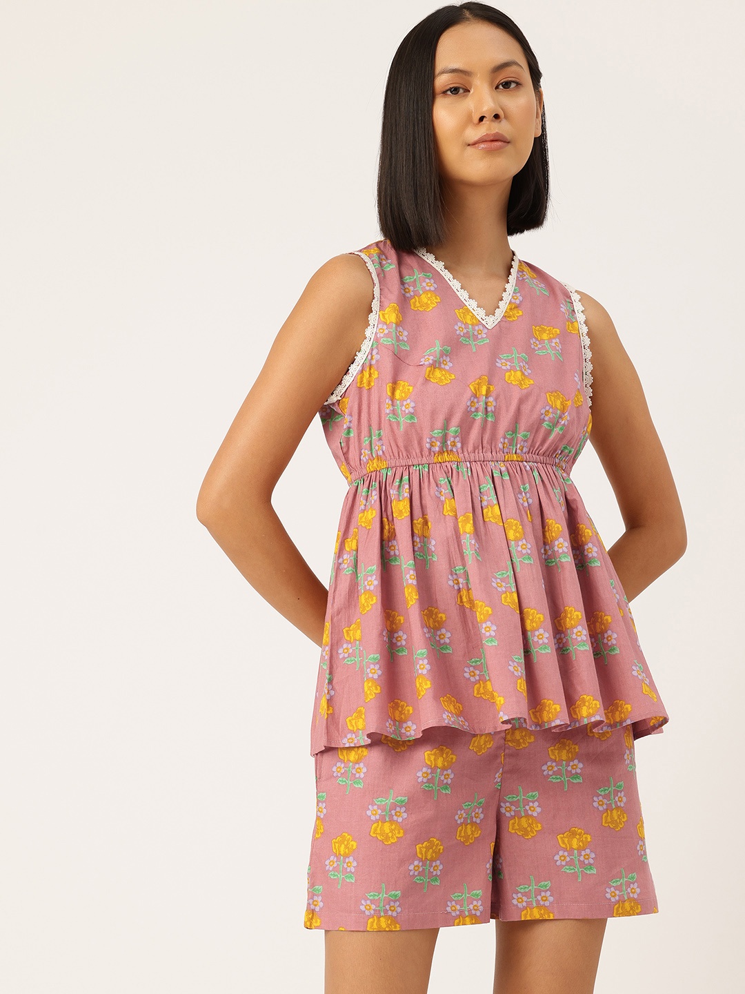 ETC Floral Printed Cinched-Waist Night suit, Pink