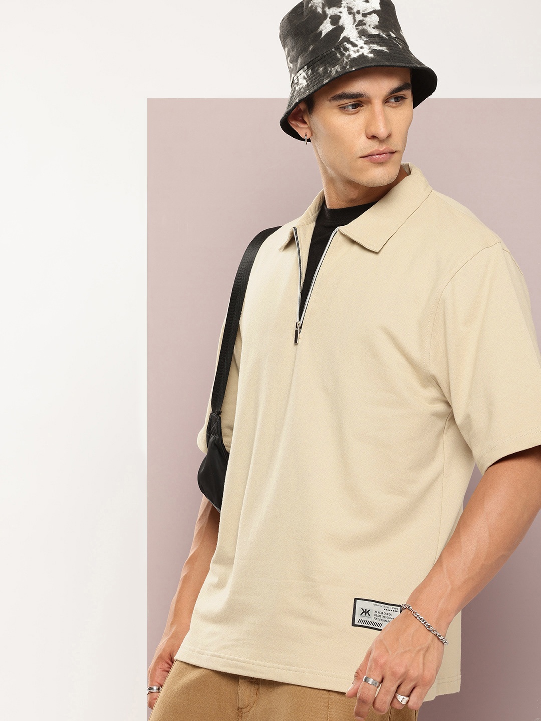 

Kook N Keech Half-Zip Polo Collar Relaxed Fit Pure Cotton T-Shirt, Beige