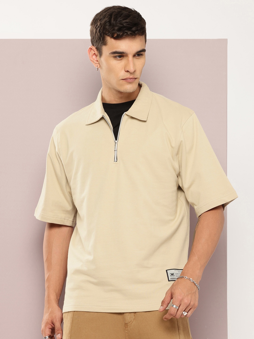 

Kook N Keech Half-Zip Polo Collar Relaxed Fit Pure Cotton T-Shirt, Beige